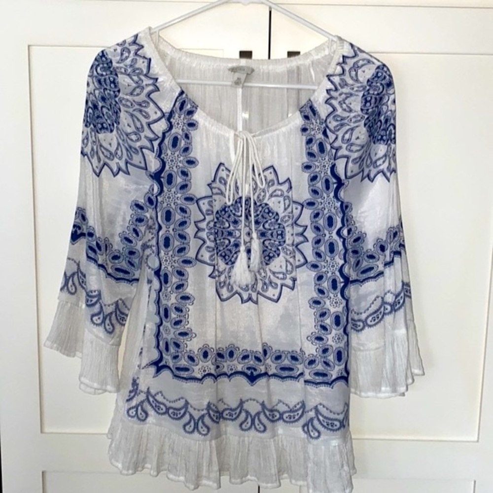 Cato Blue and White Peasant Top